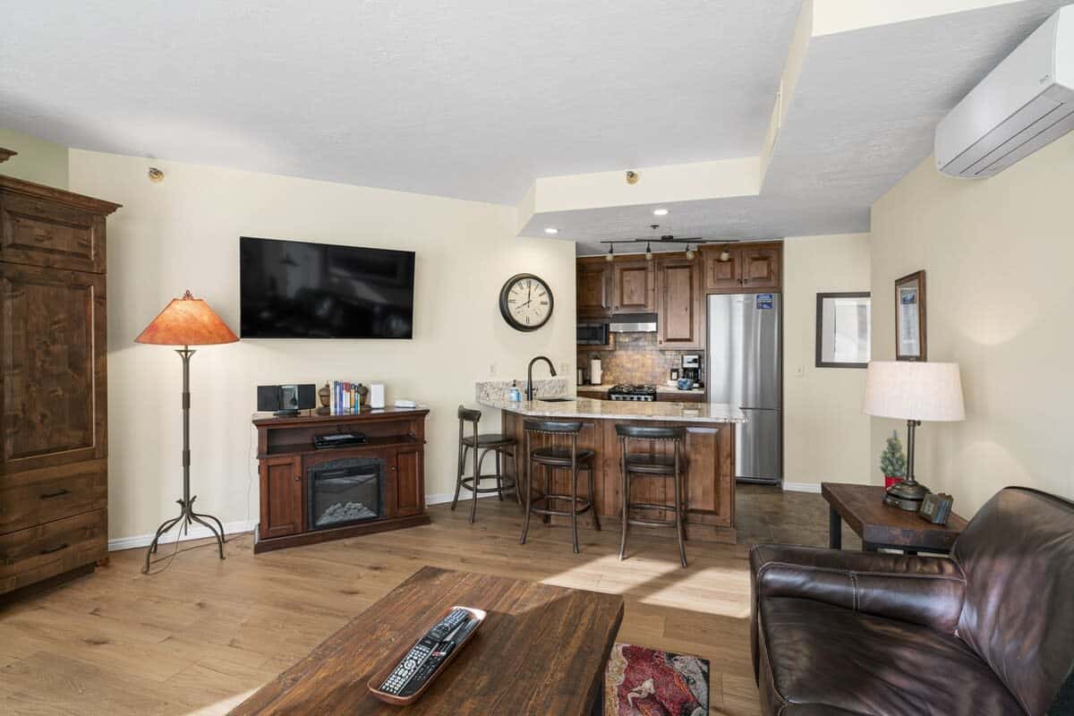 From the living room you can enjoy a movie, warm up by the electric fireplace, or chat with the chef in your group while they prepare a meal.